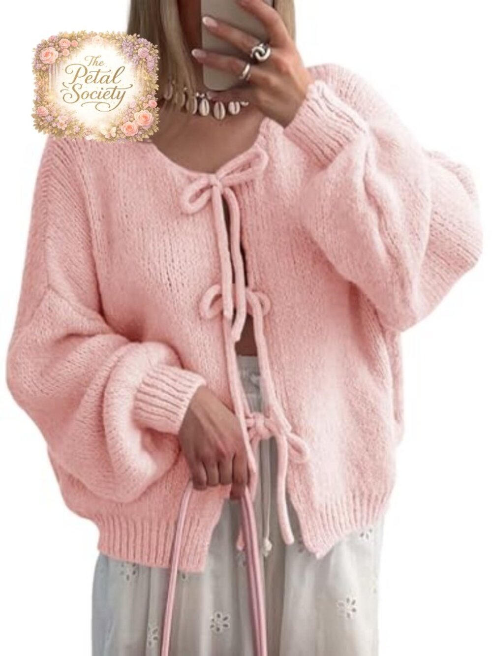 Tie Front Cardigan Oversized Lantern Sleeve Bow Sweater Loose Knit